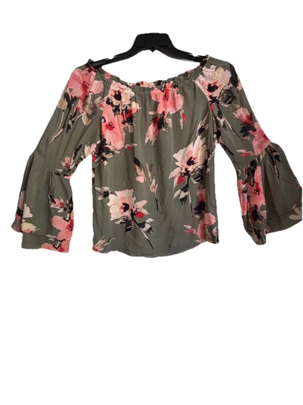 White House Black Market Olive Floral Off-The-Shoulder Bell Sleeve Soft Blouse